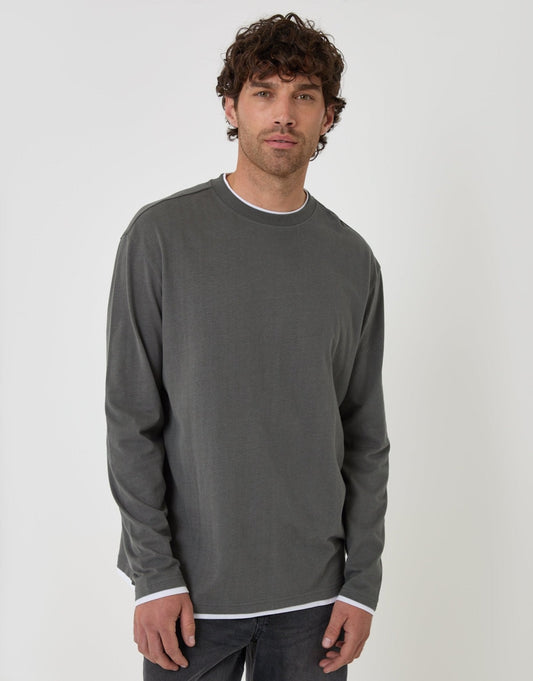 Relaxed Fit Mock Layer Long Sleeve T-Shirt in Charcoal