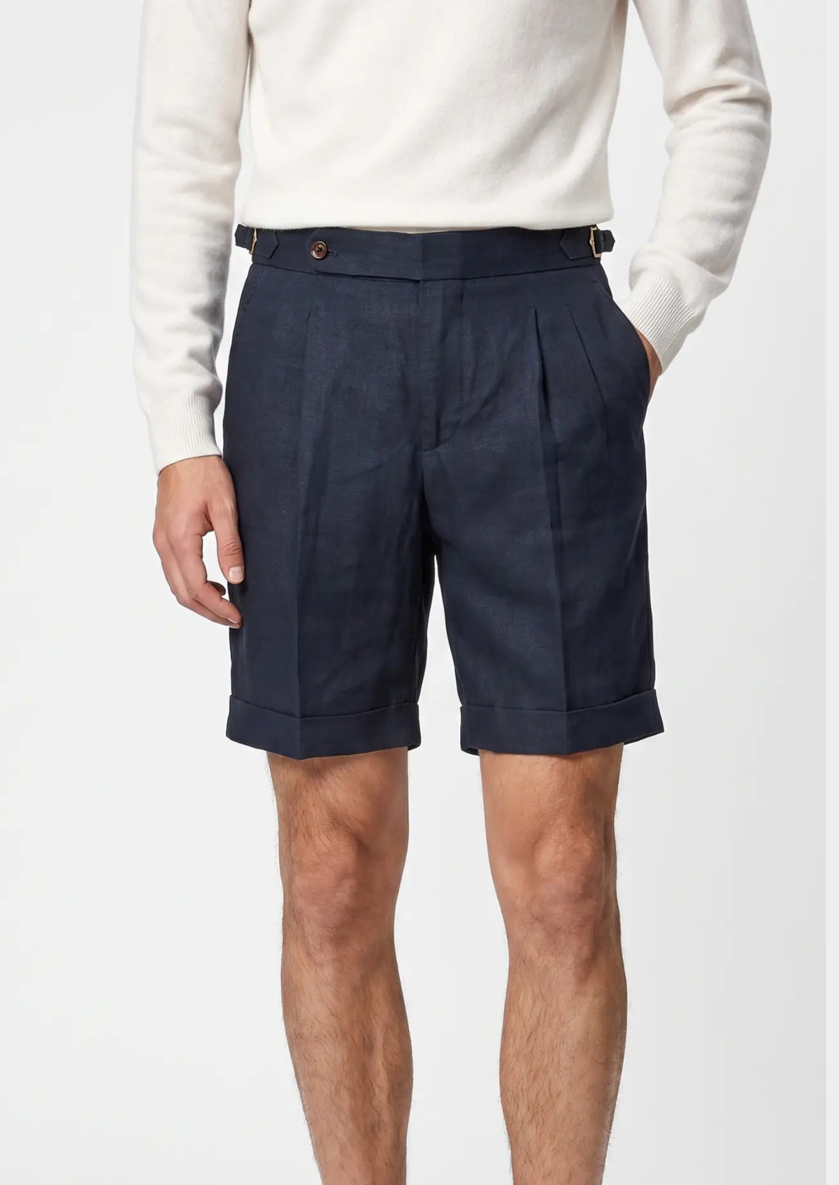 Navy Blue Pleated Linen Seaside Shorts by SATRI & CO. – product view 1