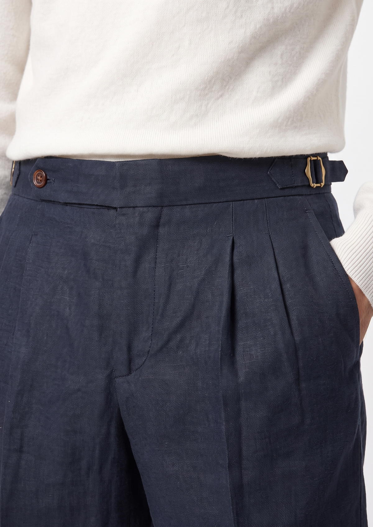 Navy Blue Pleated Linen Seaside Shorts by SATRI & CO. – product view 2