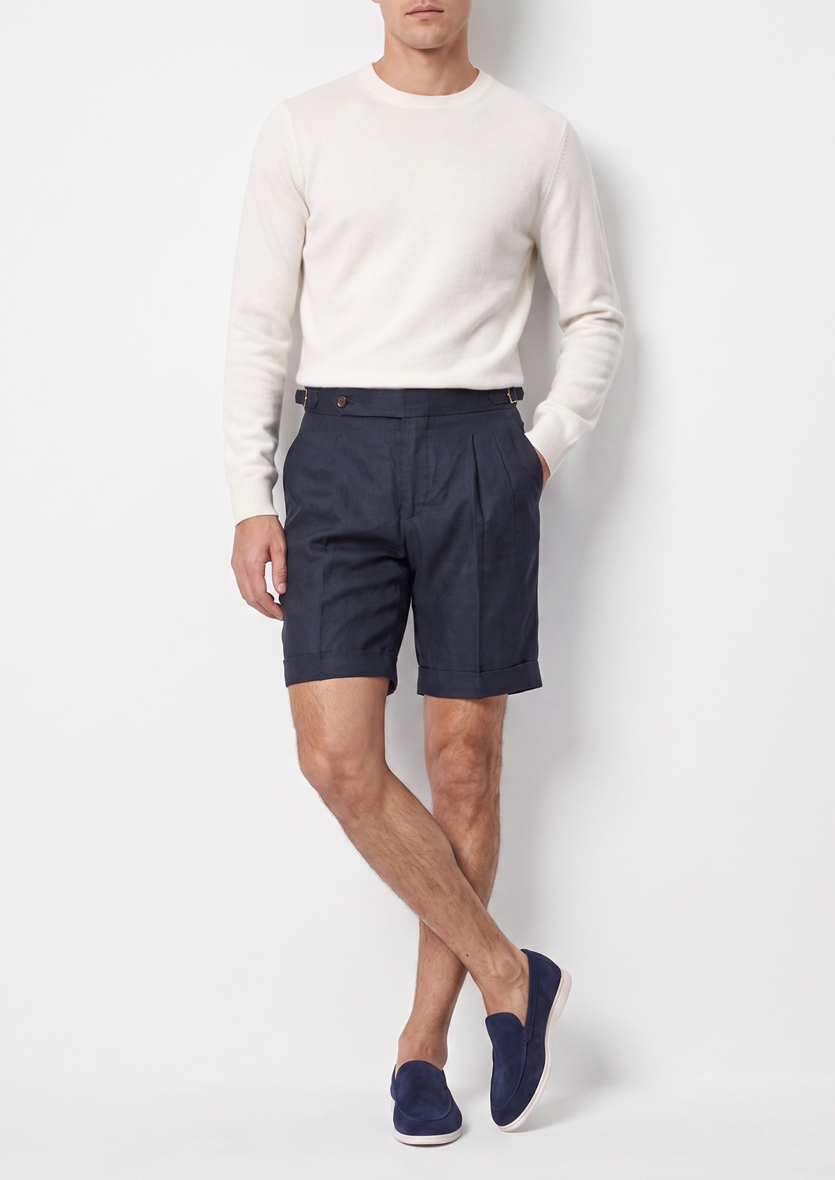 Navy Blue Pleated Linen Seaside Shorts by SATRI & CO. – product view 4