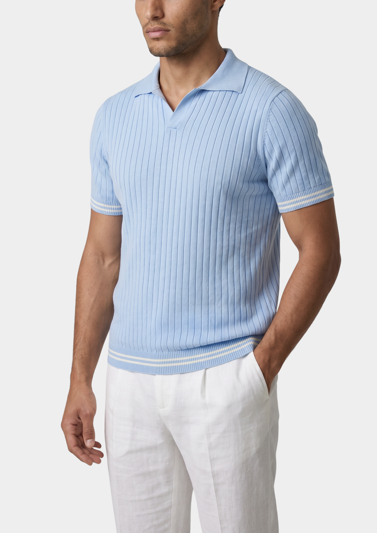 Pierre Light Blue Ribbed Buttonless Polo by SATRI & CO. – product view 1