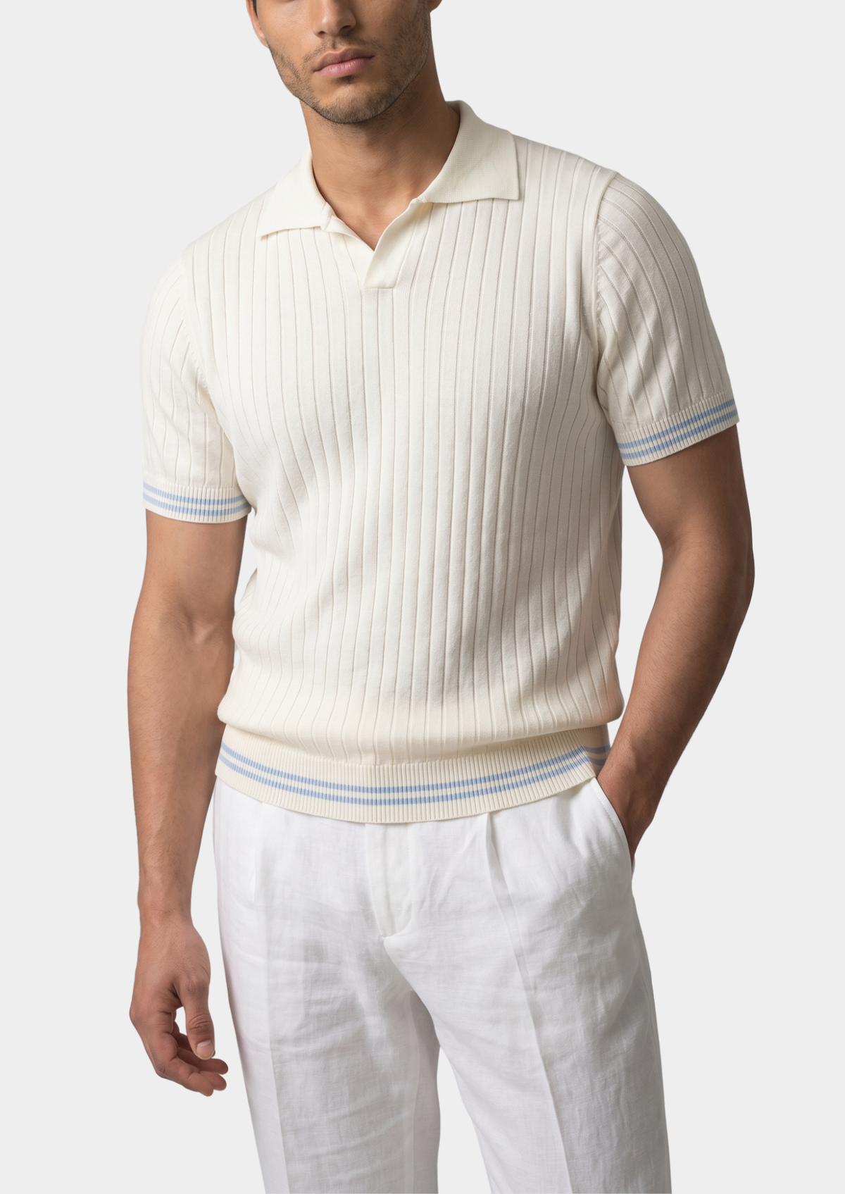 Pierre Ivory Ribbed Buttonless Polo by SATRI & CO. – product view 1