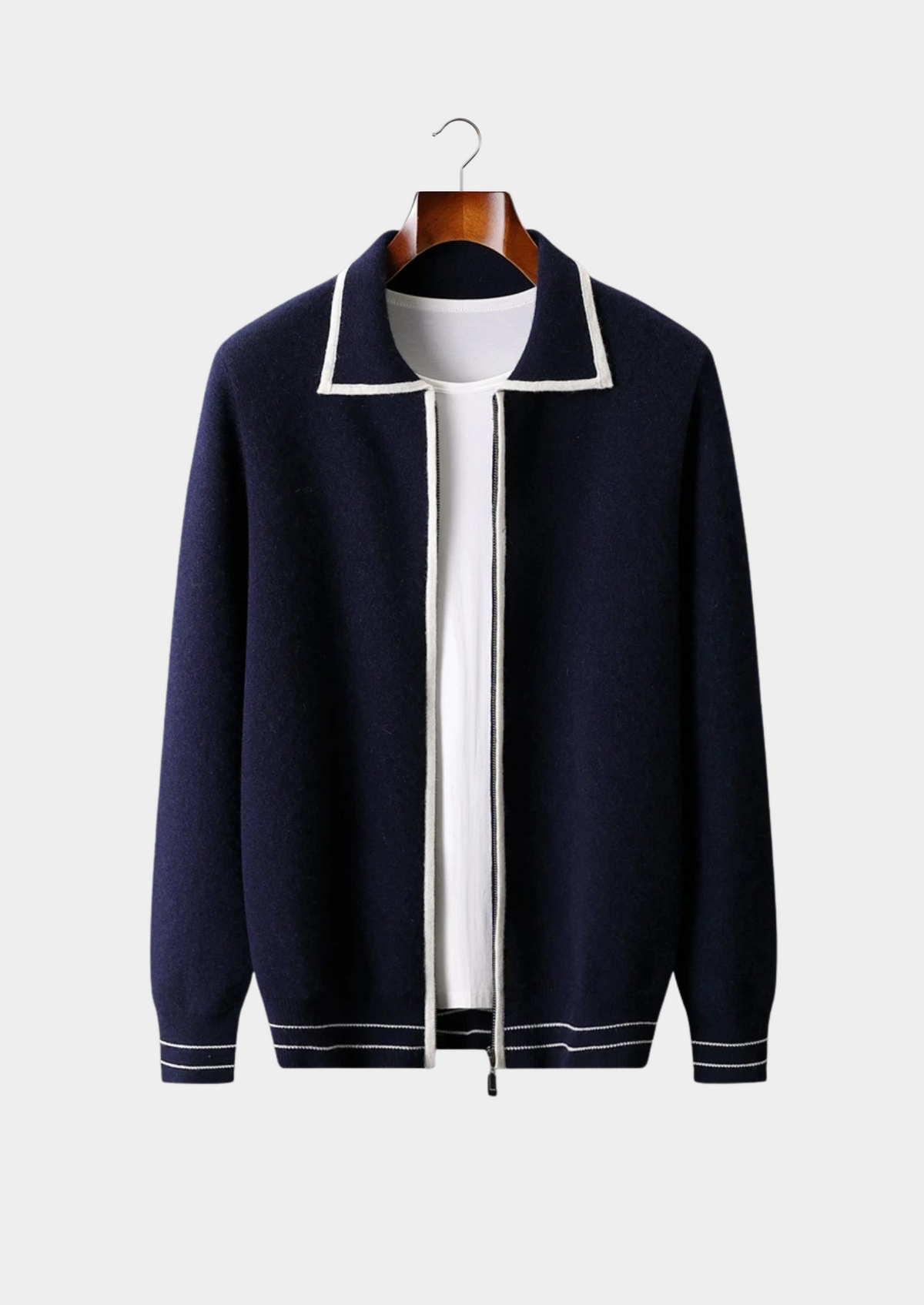 Pure Extra-Fine Merino Wool Two-Tone Polo Cardigan by SATRI & CO. – product view 1