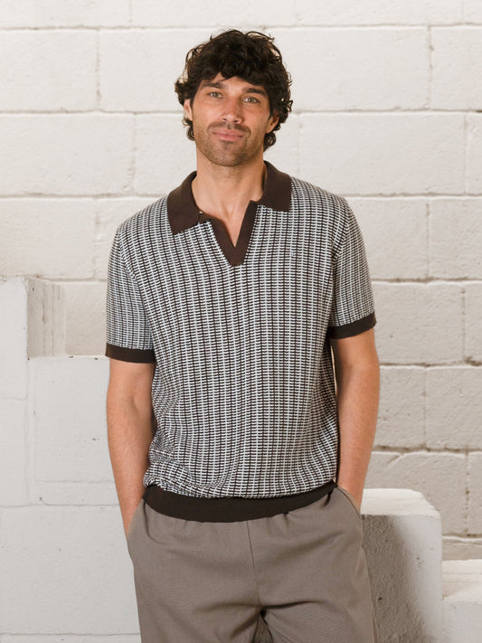 Men's Conrad Knitted Stripe Polo Shirt - Dark Brown | SATRI