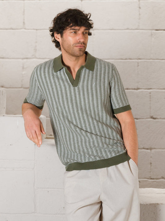 Conrad Knitted Stripe Polo Shirt - Green