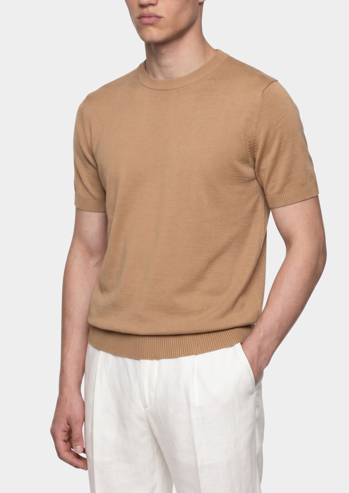 Essential Beige Knitted Crew Neck T-Shirt by SATRI & CO. – product view 1
