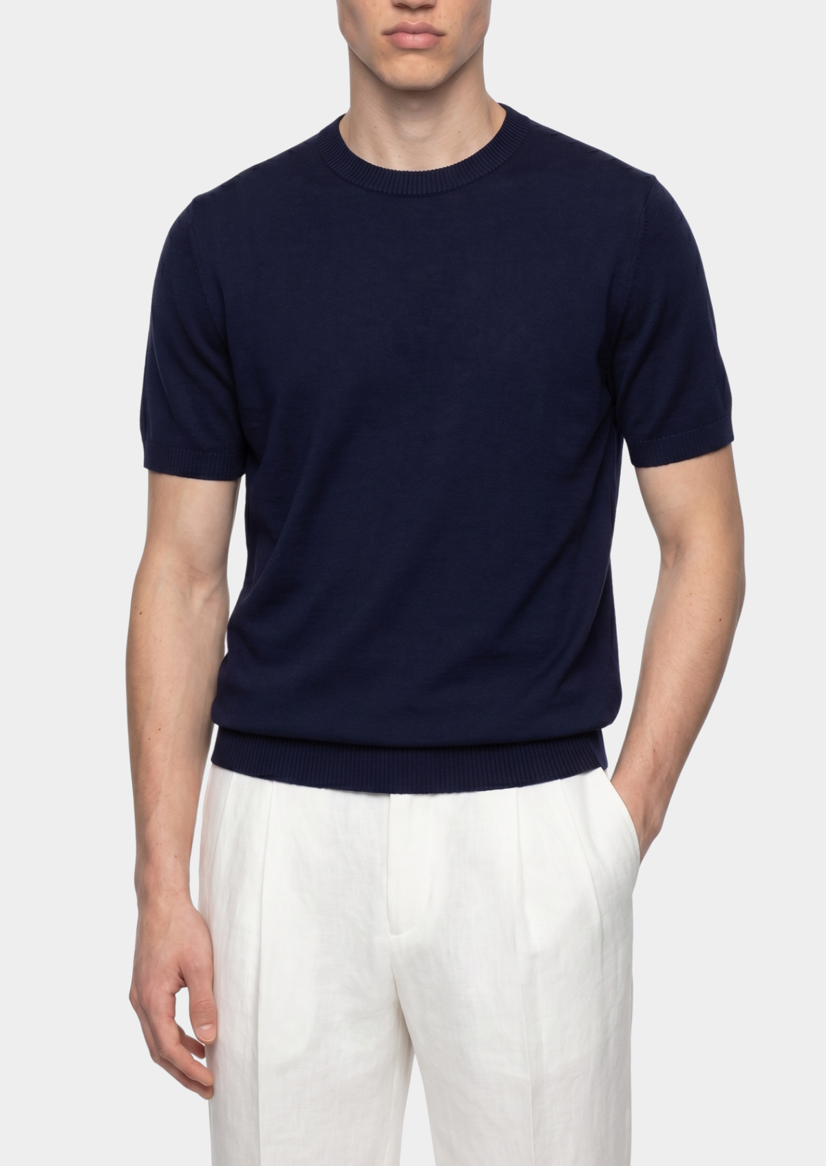 Essential Navy Blue Knitted Crew Neck T-Shirt by SATRI & CO. – product view 1