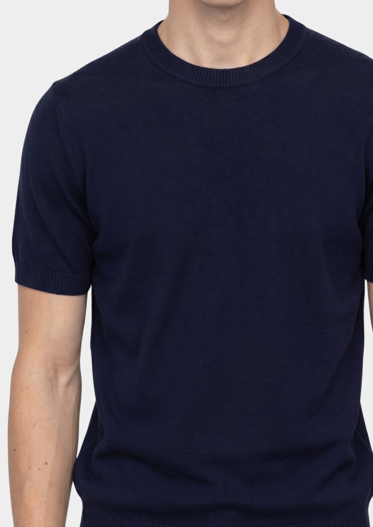 Essential Navy Blue Knitted Crew Neck T-Shirt by SATRI & CO. – product view 3