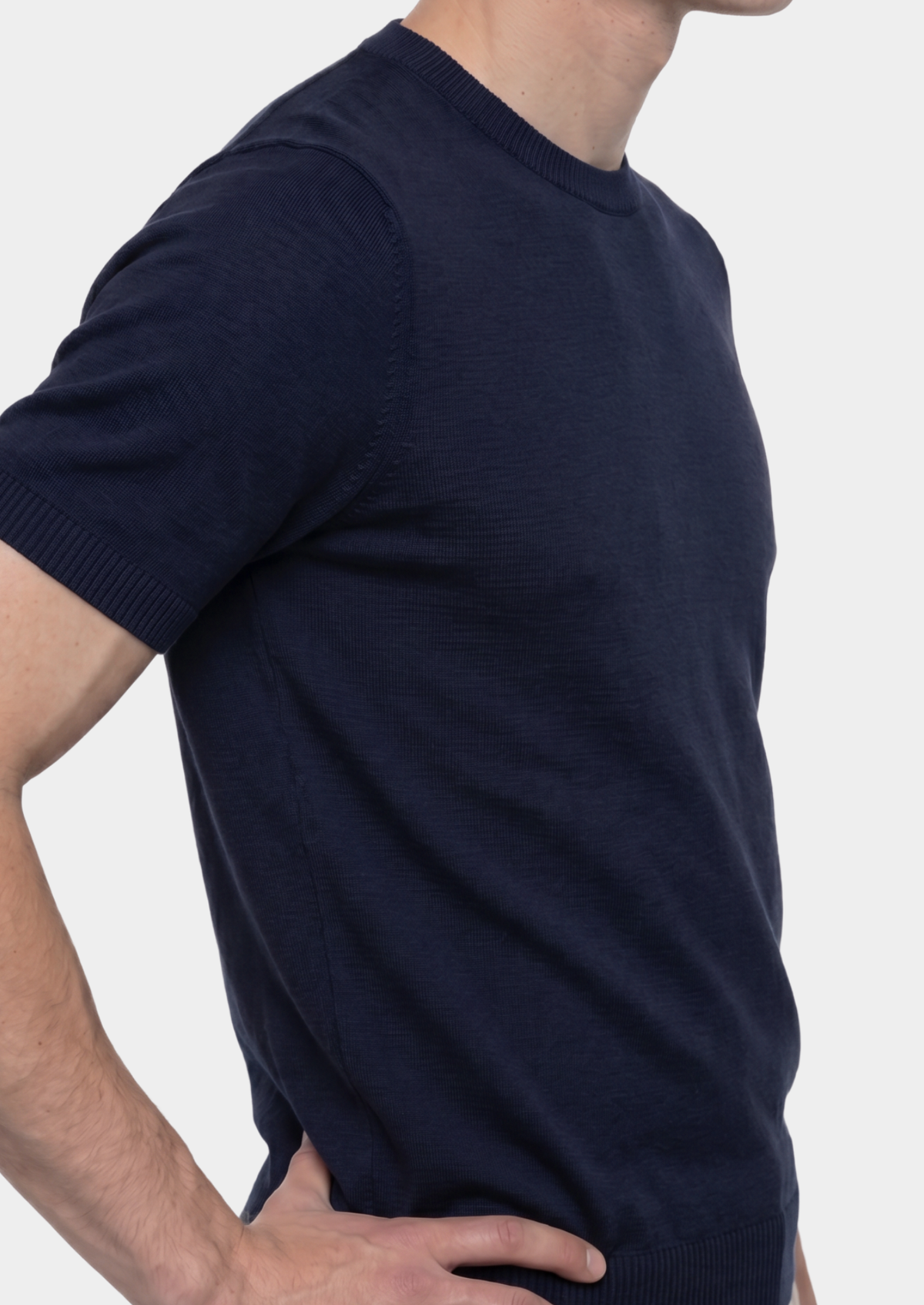 Essential Navy Blue Knitted Crew Neck T-Shirt by SATRI & CO. – product view 5
