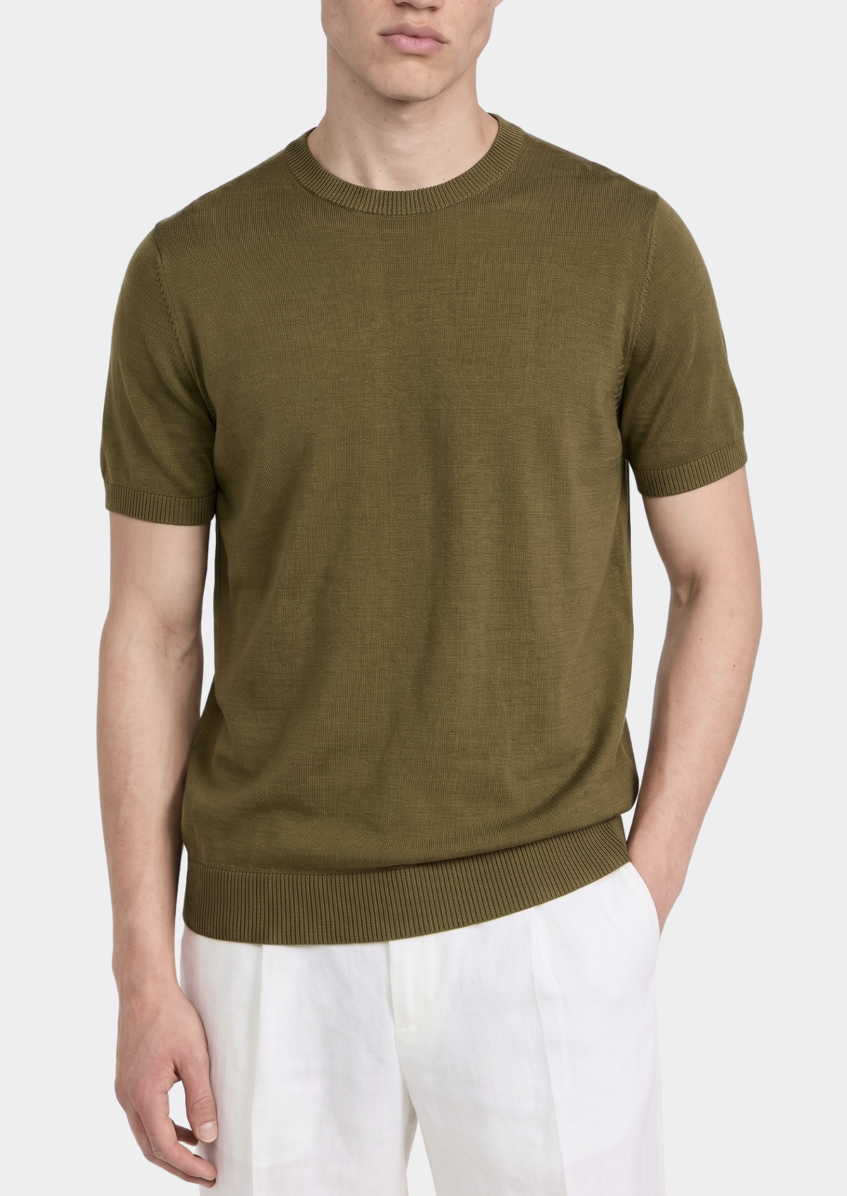 Essential Olive Knitted Crew Neck T-Shirt by SATRI & CO. – product view 1