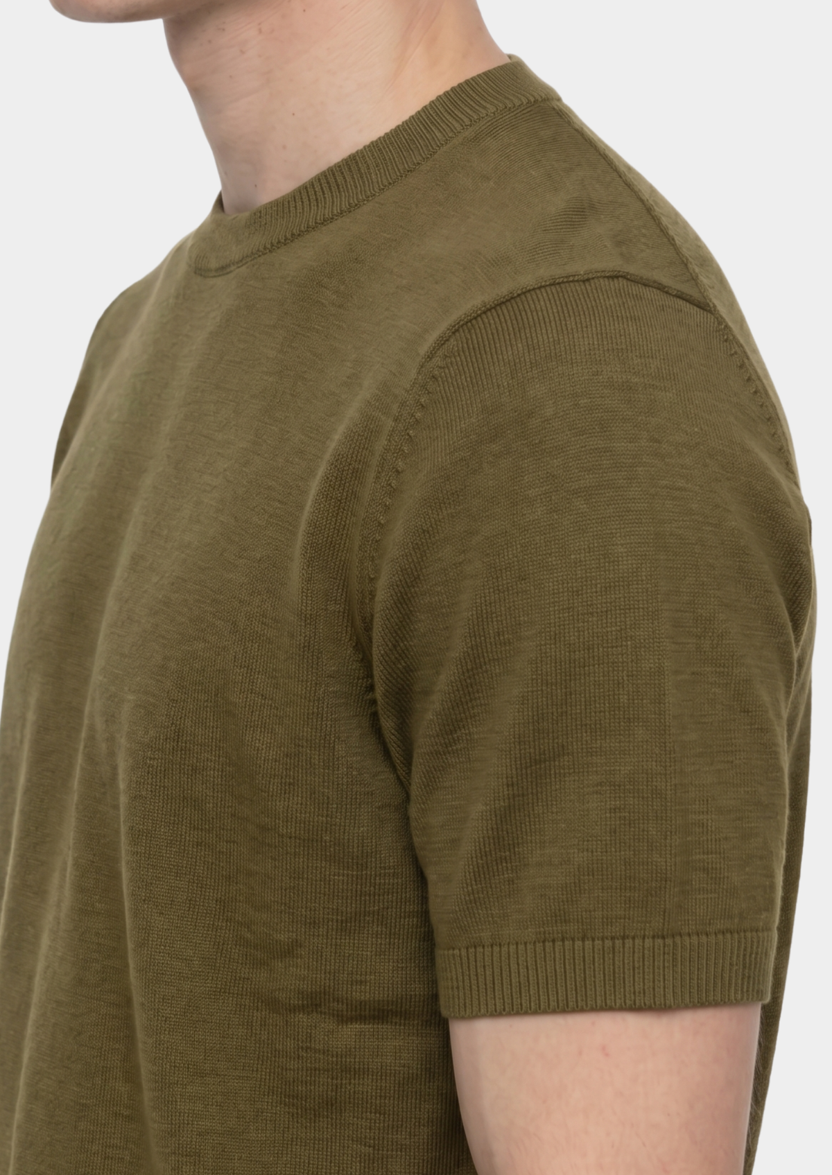 Essential Olive Knitted Crew Neck T-Shirt by SATRI & CO. – product view 2