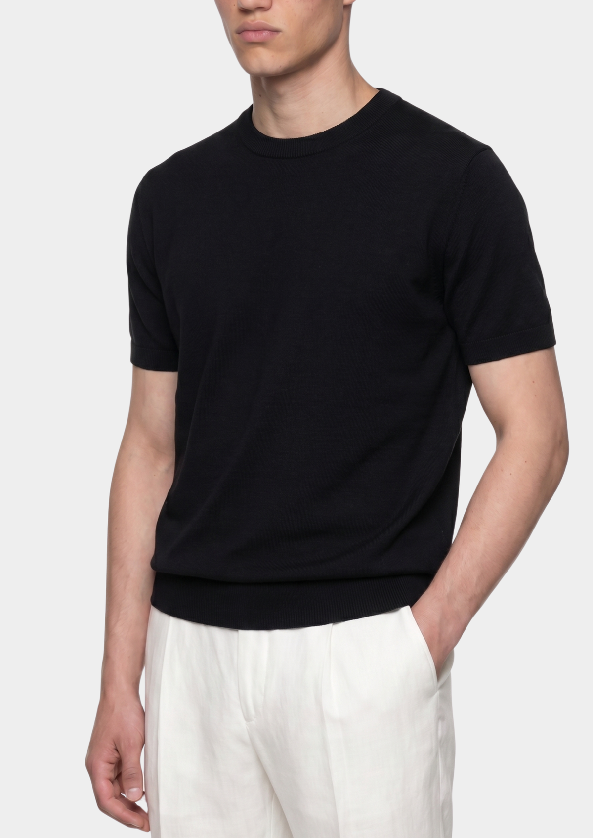 Essential Black Knitted Crew Neck T-Shirt by SATRI & CO. – product view 3
