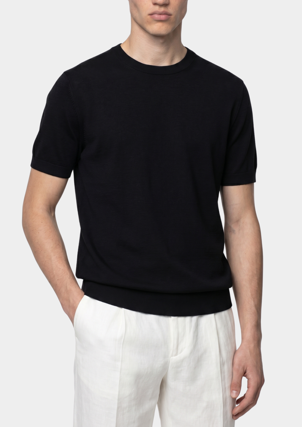 Essential Black Knitted Crew Neck T-Shirt by SATRI & CO. – product view 1