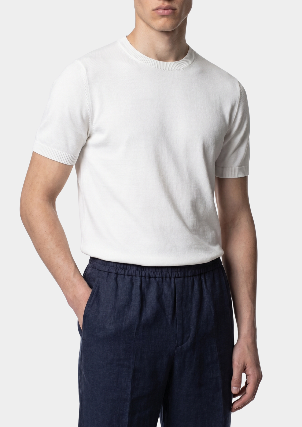 Essential White Knitted Crew Neck T-Shirt by SATRI & CO. – product view 3