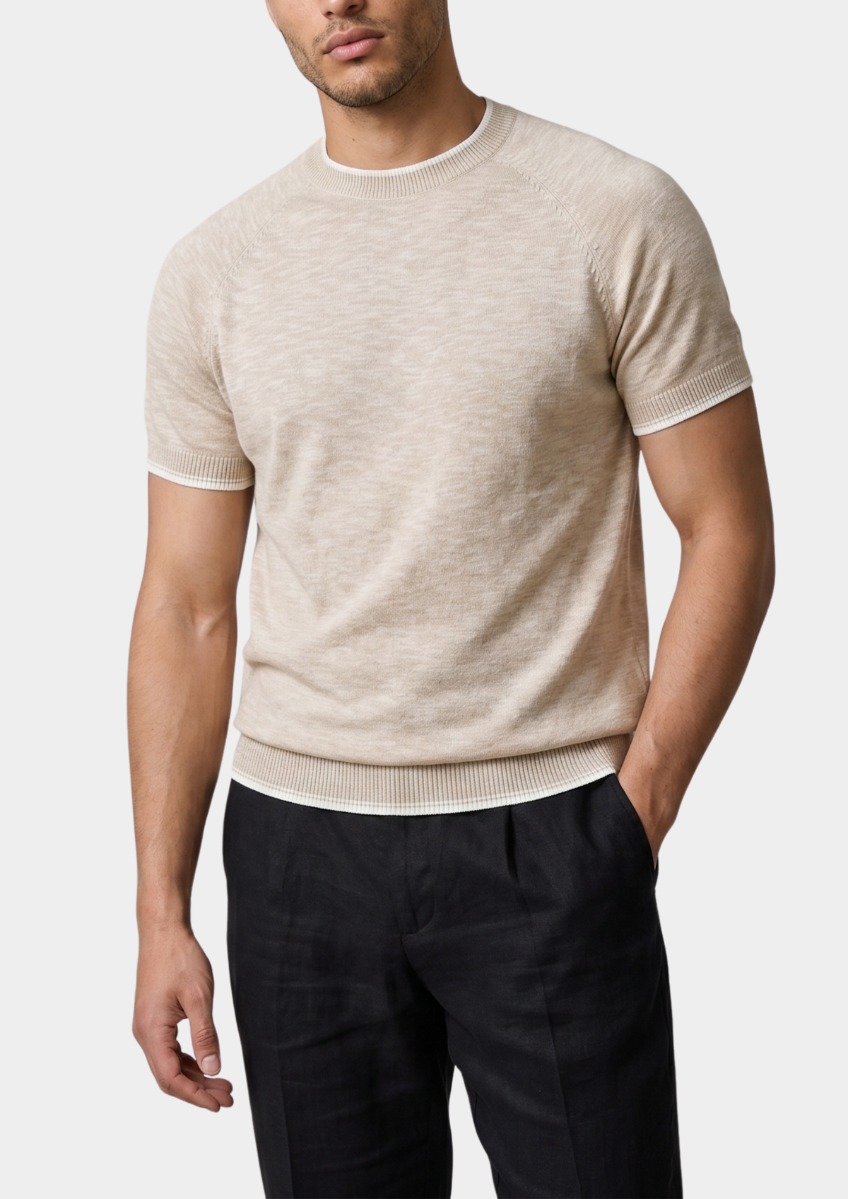 Capri Beige Linen Contrast T-Shirt by SATRI & CO. – product view 1