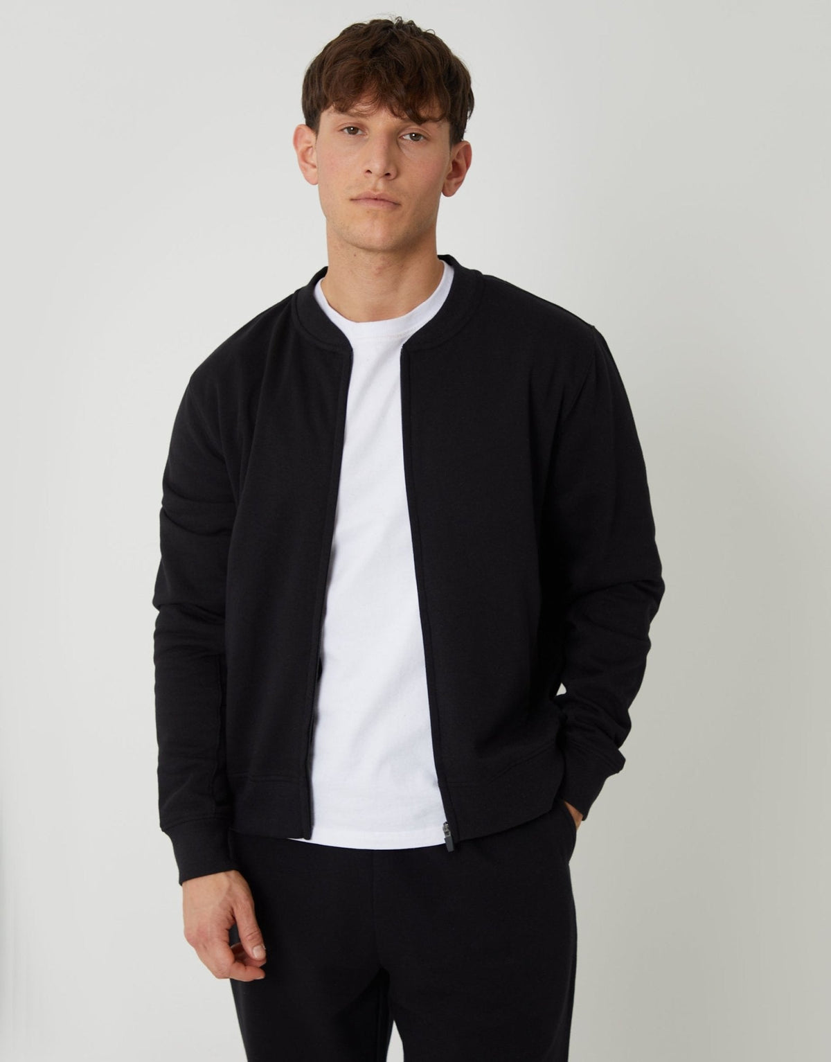 Men's Zip Through Sweat Bomber in Black | SATRI