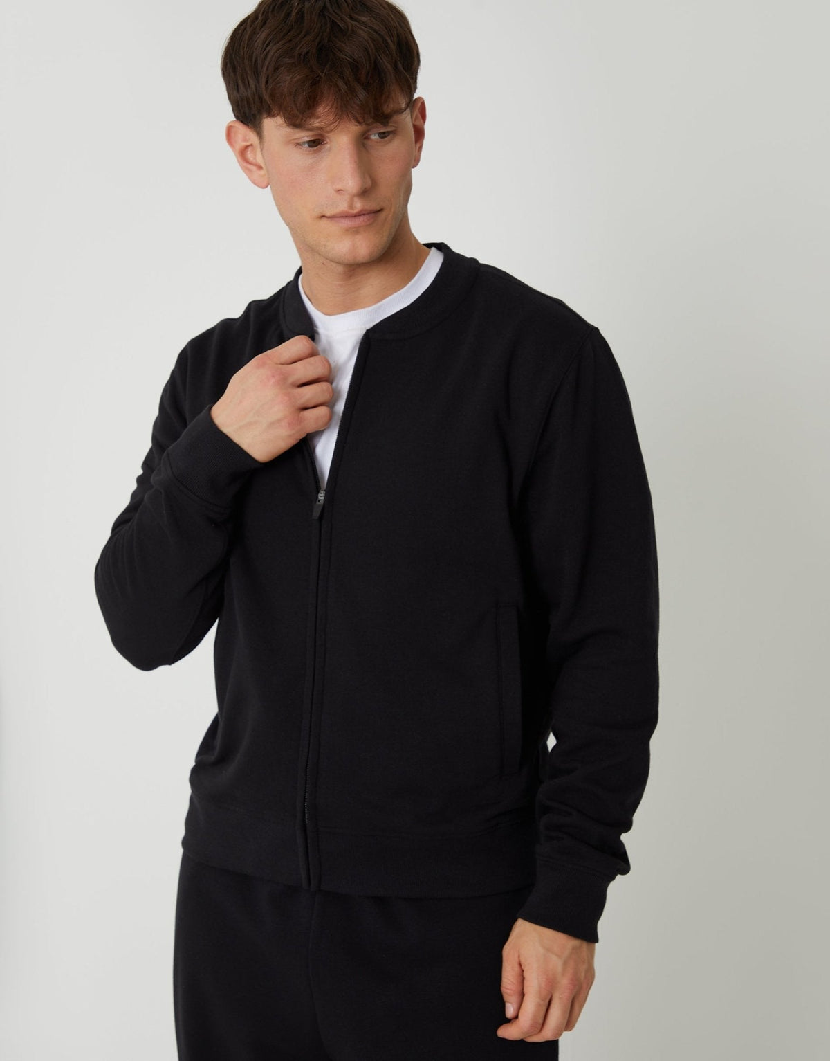 Zip Through Sweat Bomber in Black