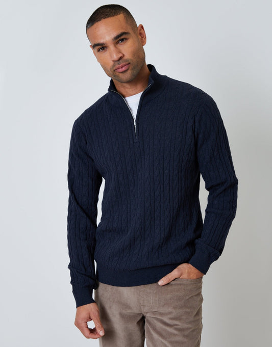 Men's Cable Knit Quarter Zip Jumper in Navy | SATRI
