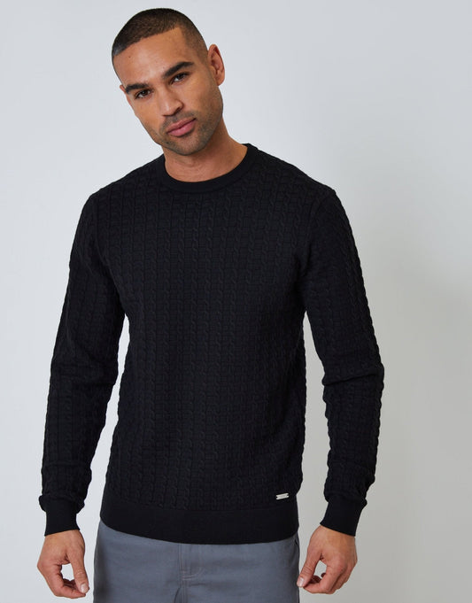 Men's Cable Knit Crew Neck Jumper in Black | SATRI