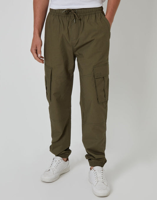 Elasticated Waist Cargo Trousers in Khaki Green