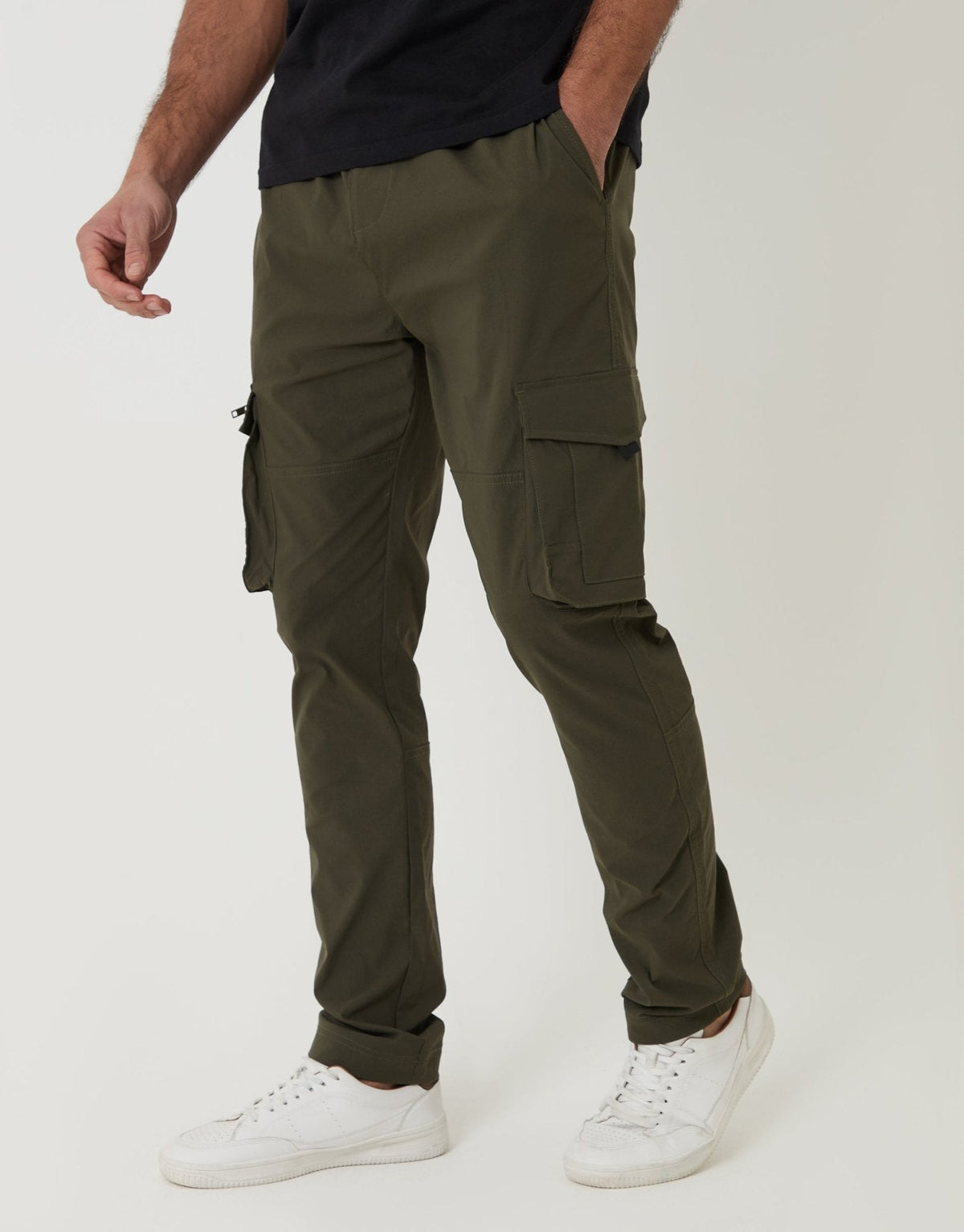 Slim Fit Stretch Cargo Trousers in Khaki Green