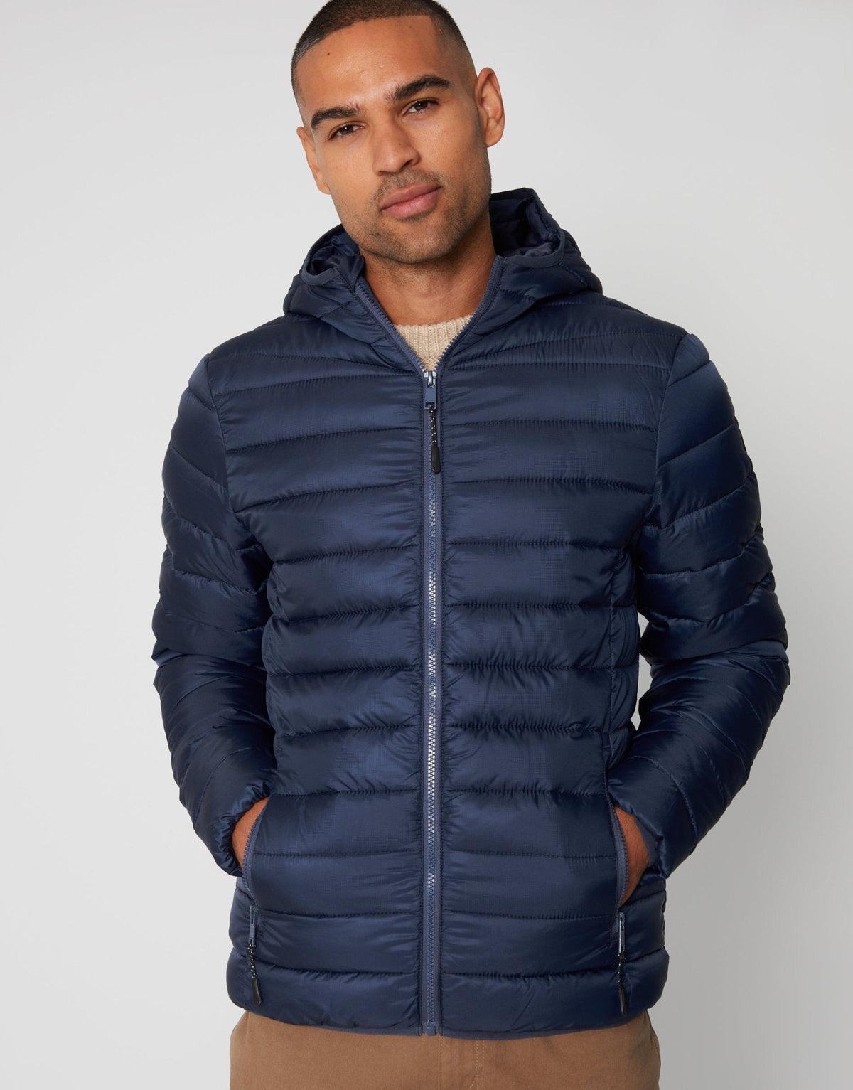 Men's Matte Finish Padded Hooded Jacket in Navy | SATRI