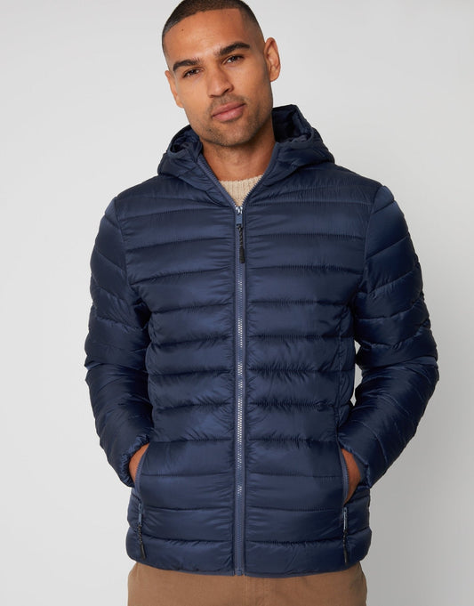 Men's Matte Finish Padded Hooded Jacket in Navy | SATRI
