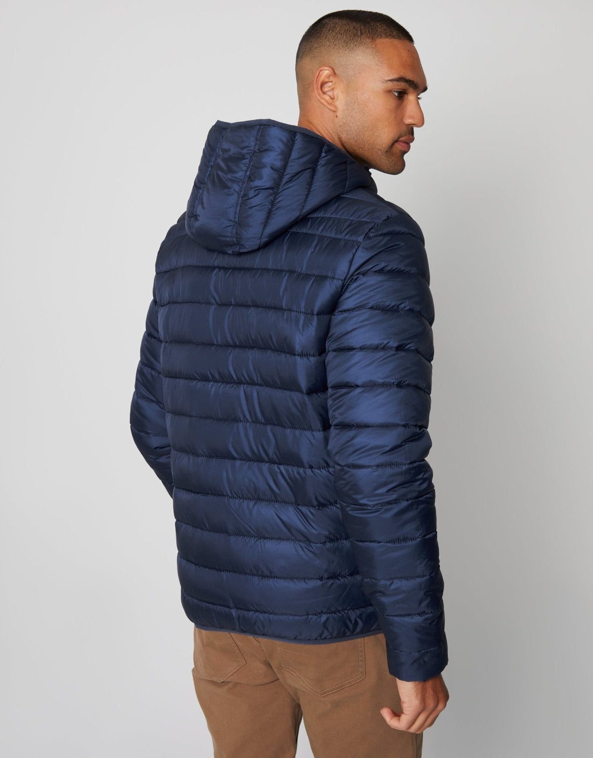Matte Finish Padded Hooded Jacket in Navy