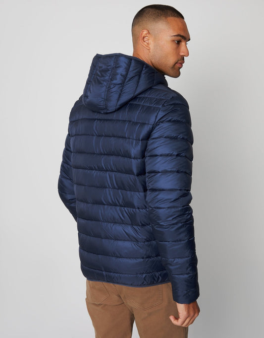 Matte Finish Padded Hooded Jacket in Navy