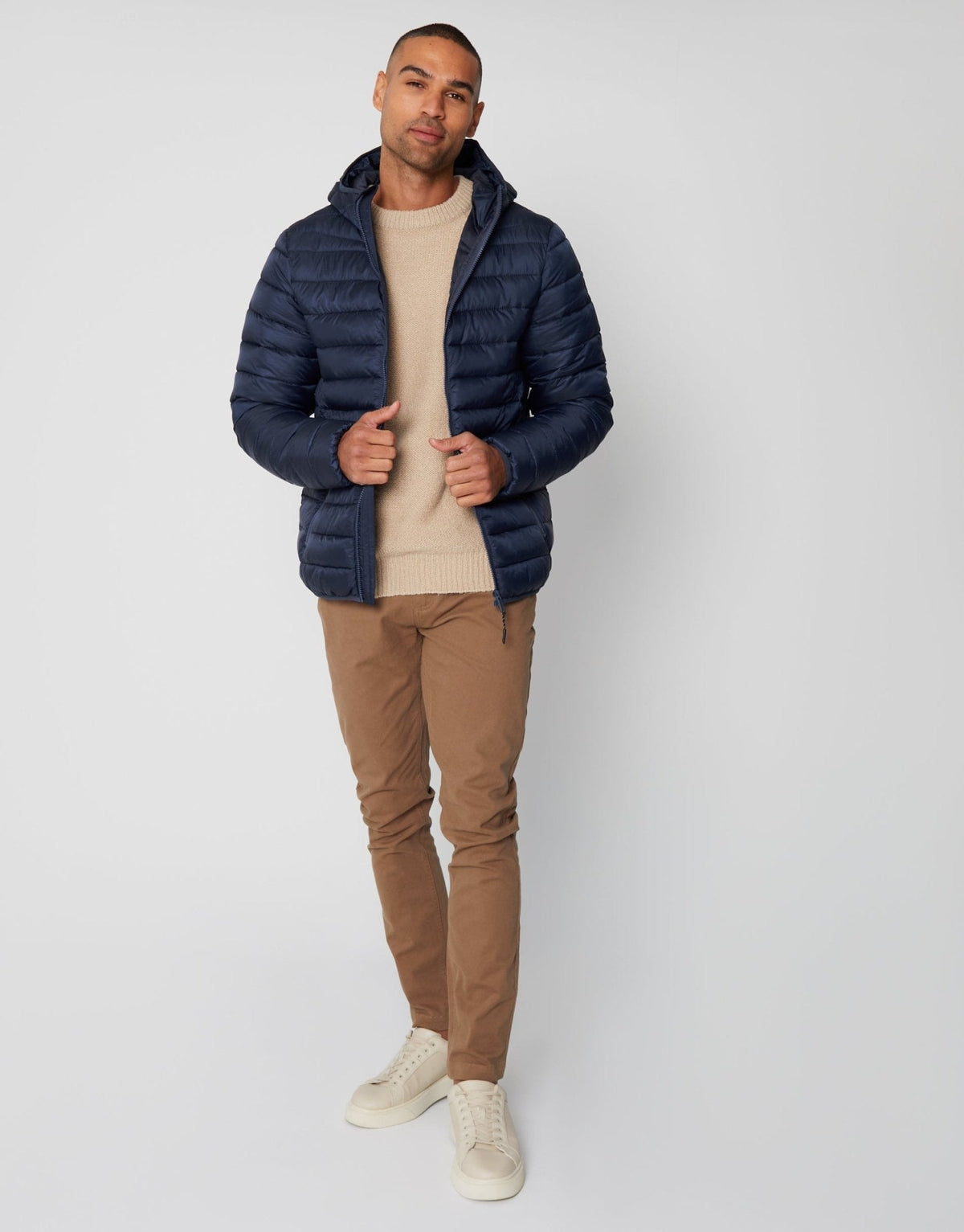 Matte Finish Padded Hooded Jacket in Navy