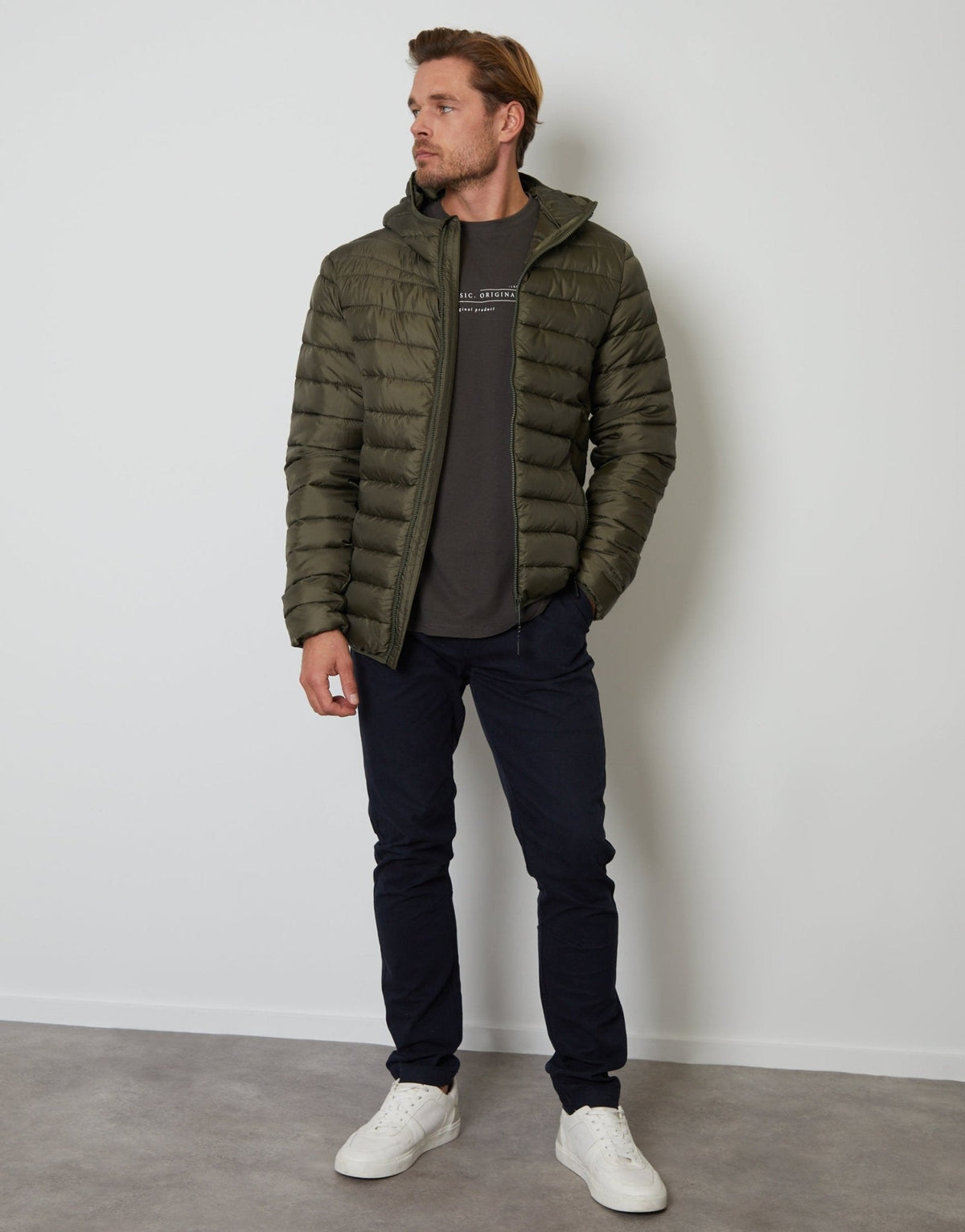 Matte Finish Padded Hooded Jacket in Khaki Green