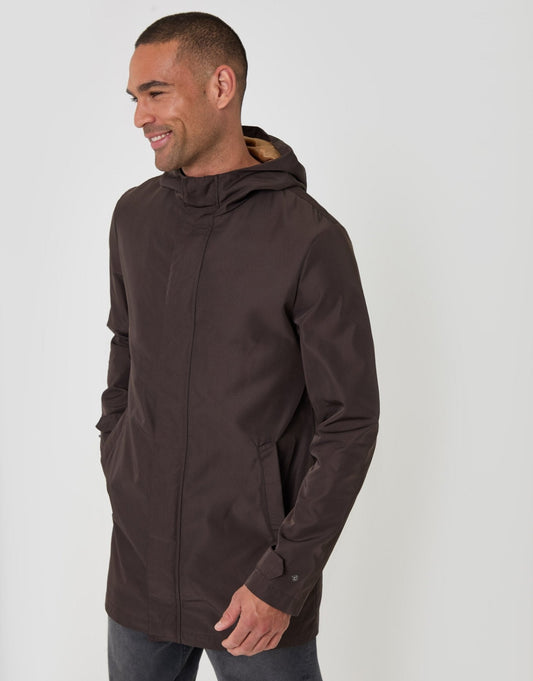 Men's Showerproof Hooded Longline Mac in Chocolate Brown | SATRI