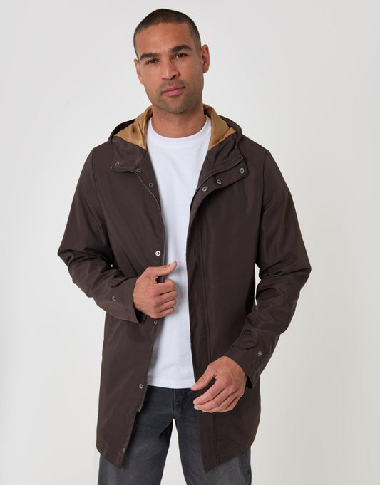 Showerproof Hooded Longline Mac in Chocolate Brown