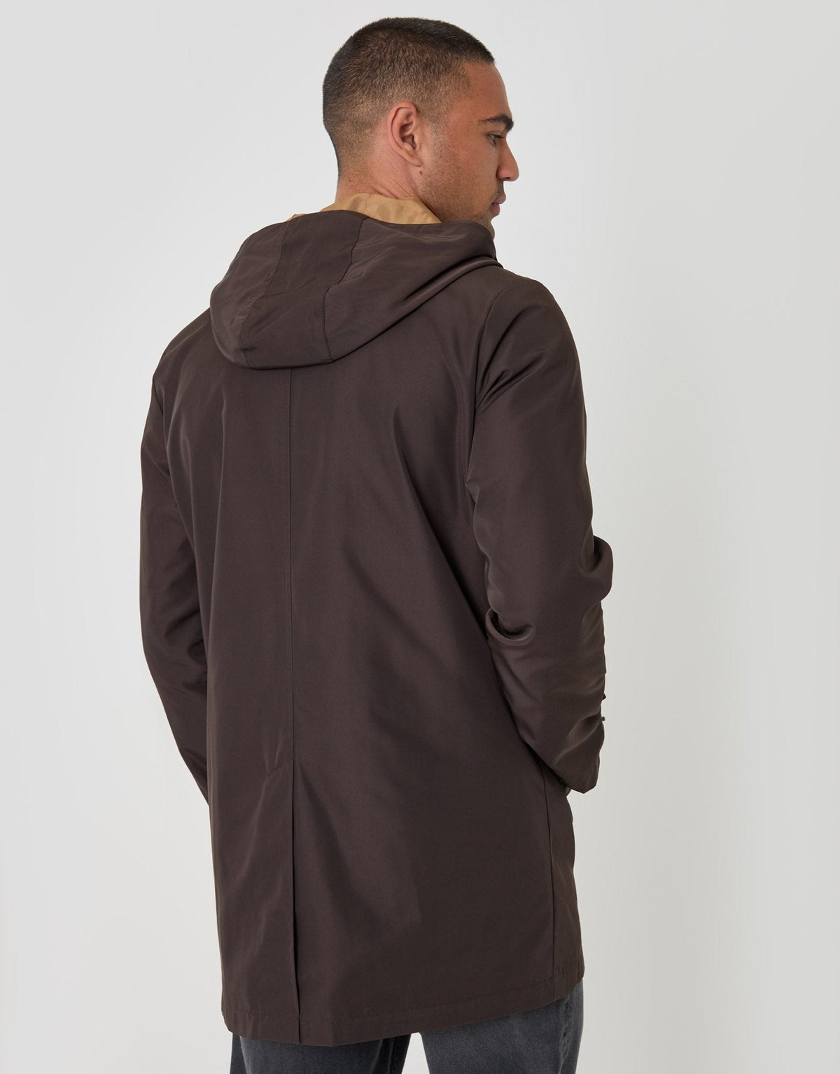 Showerproof Hooded Longline Mac in Chocolate Brown