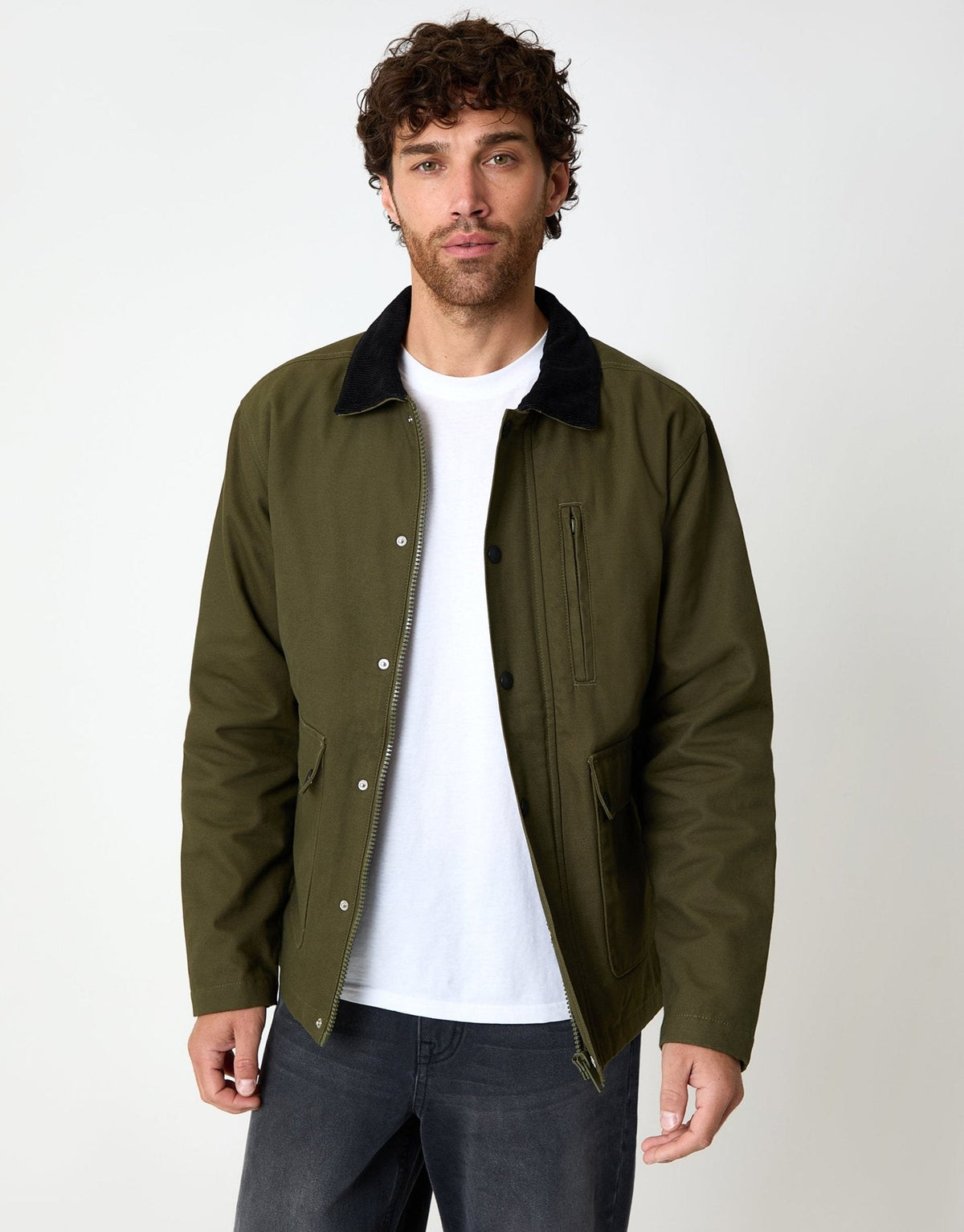 Men's Collared Lightweight Jacket in Khaki Green | SATRI