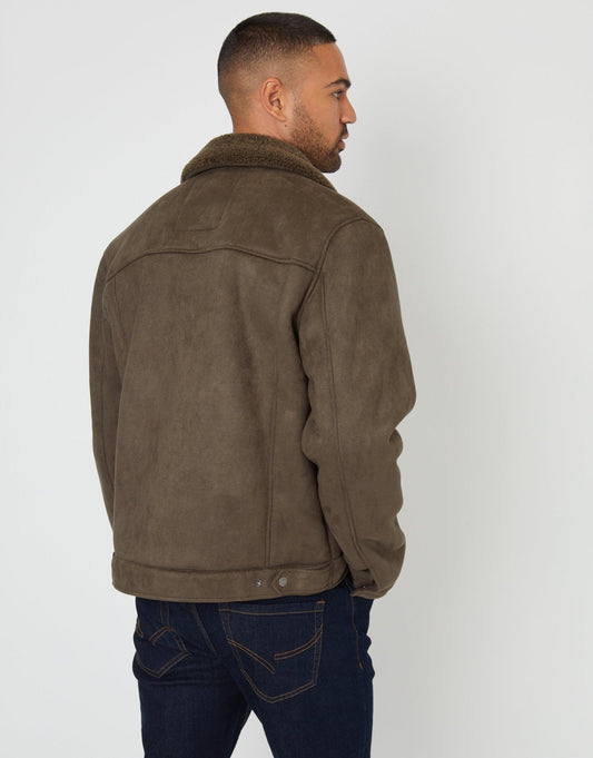 Faux Suede Borg Lined Aviator Jacket in Khaki Green