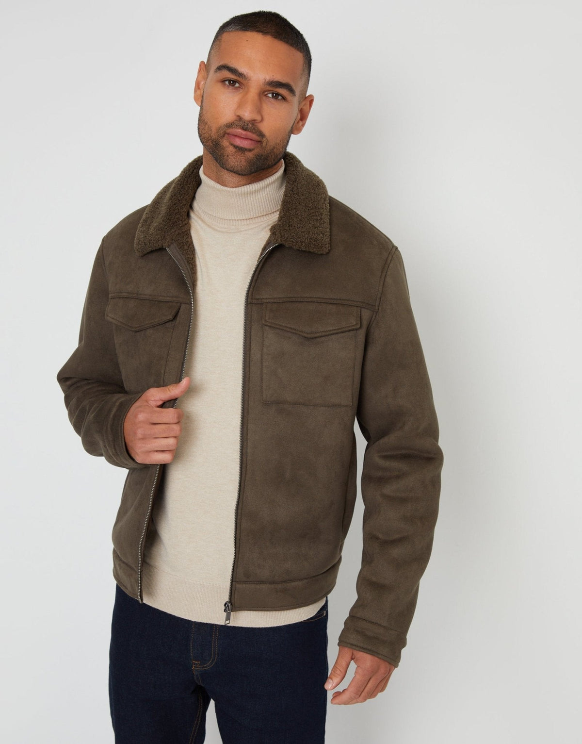 Men's Faux Suede Borg Lined Aviator Jacket in Khaki Green | SATRI
