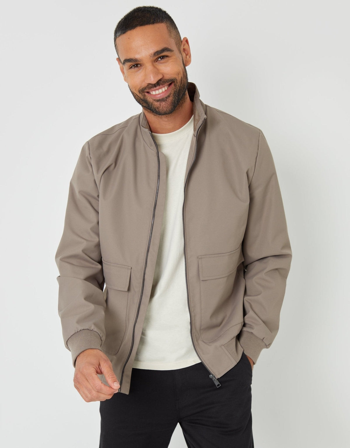 Men's Patch Pocket Funnel Neck Harrington Style Jacket in Taupe | SATRI