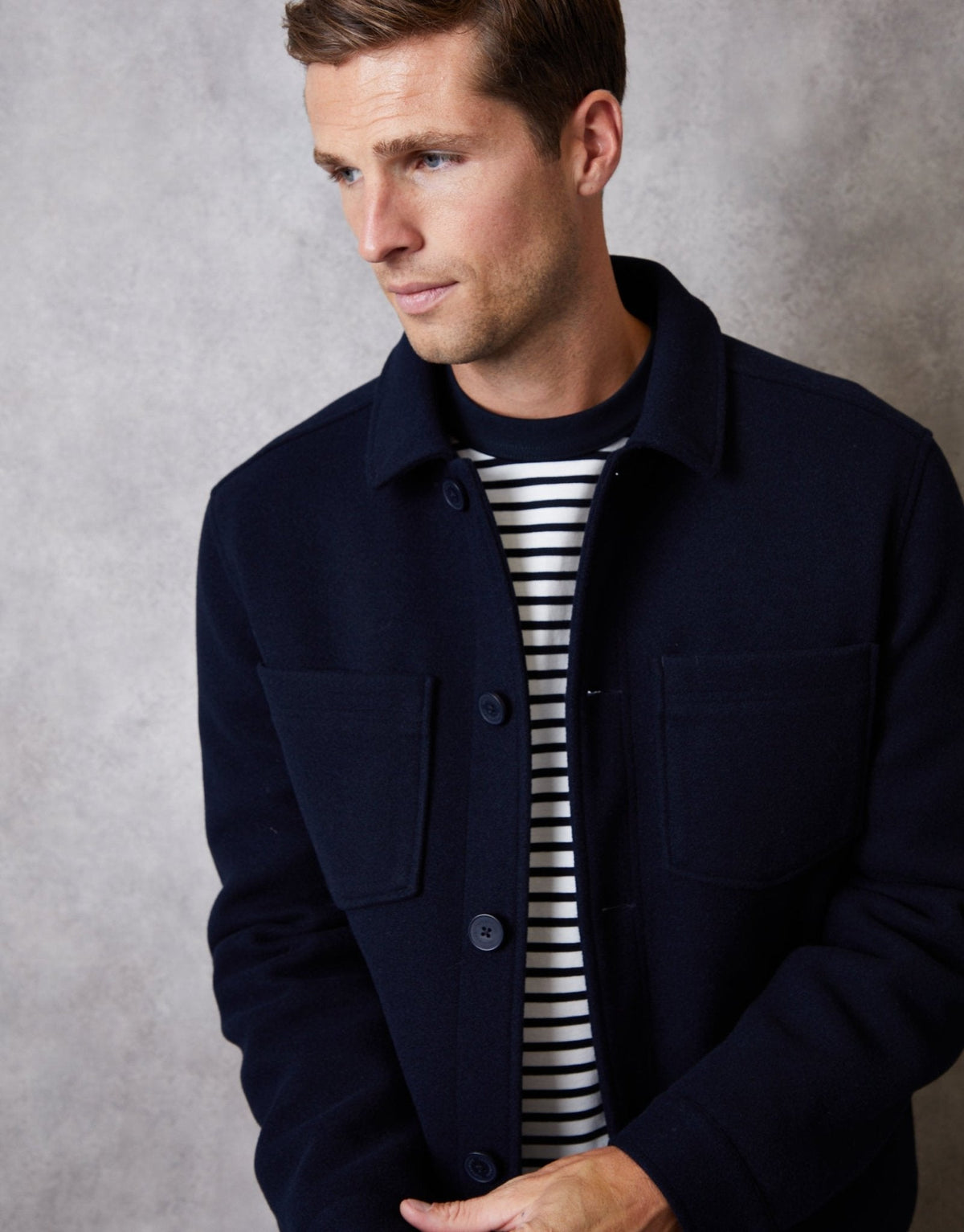 Faux Wool Button Up Quilted Shacket in Navy