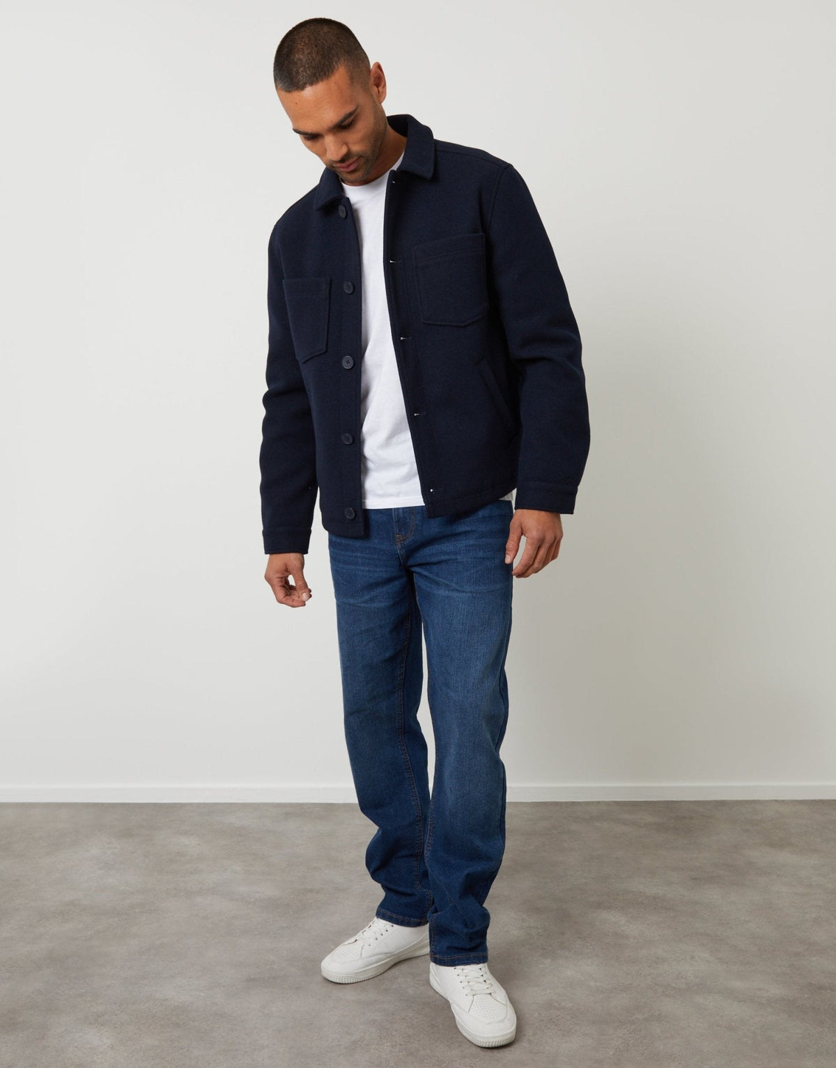Faux Wool Button Up Quilted Shacket in Navy