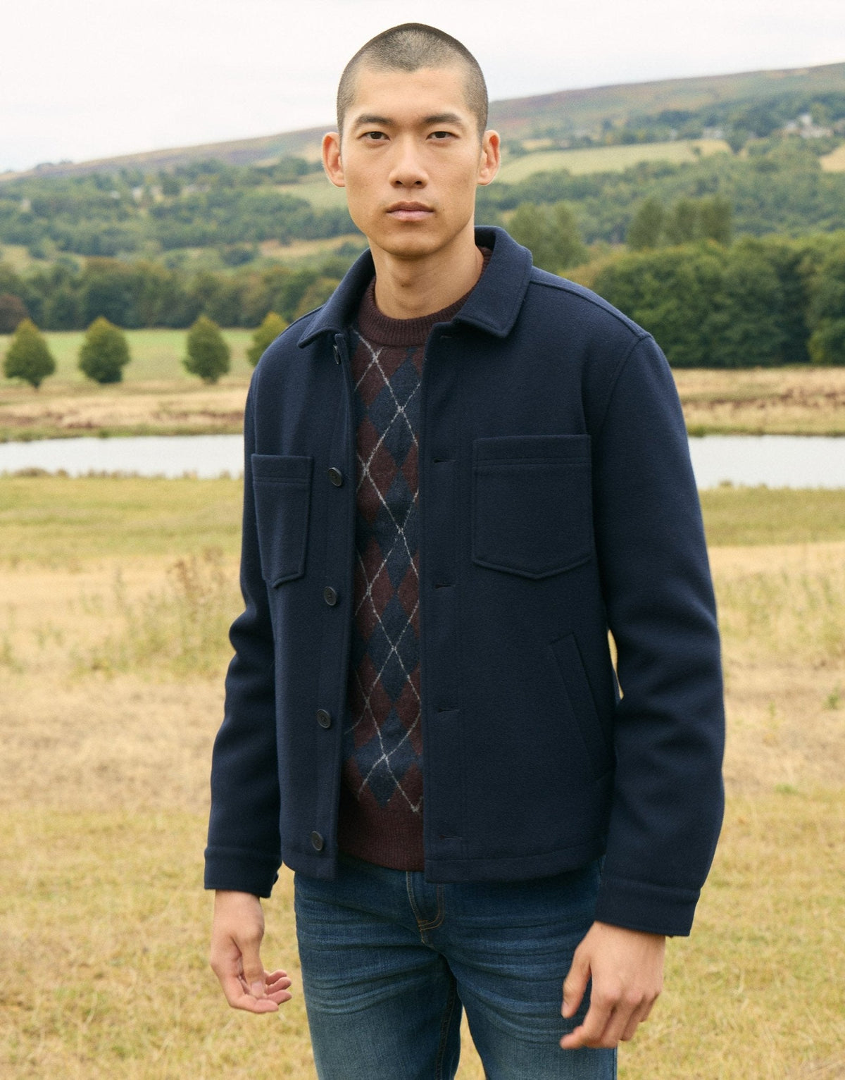Men's Faux Wool Button Up Quilted Shacket in Navy | SATRI