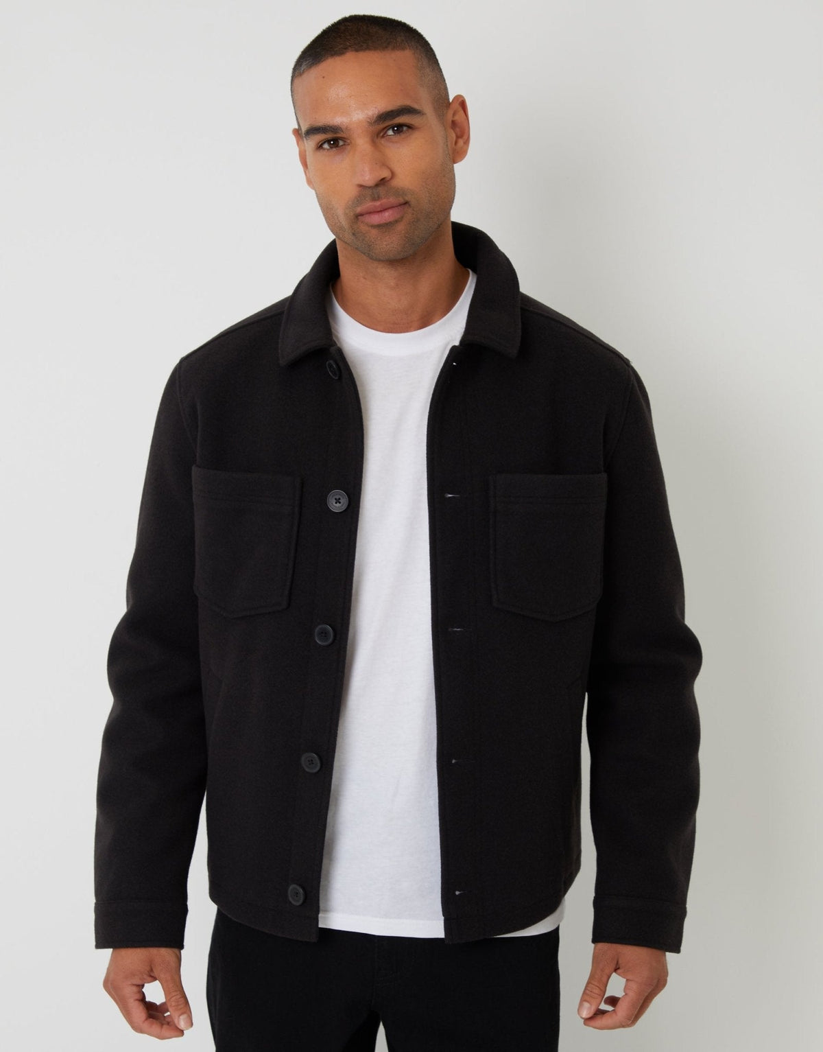 Men's Faux Wool Button Up Quilted Shacket in Black | SATRI