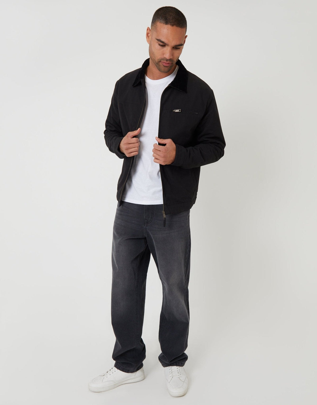 Lightweight Cotton Canvas Jacket With Corduroy Collar in Black