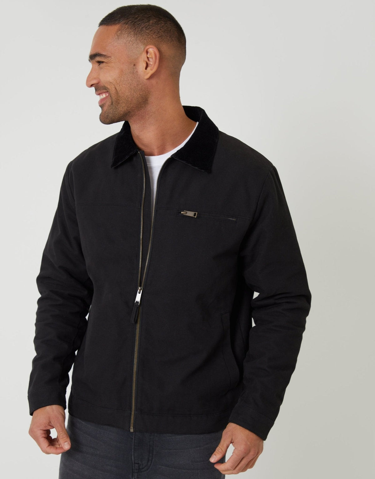 Lightweight Cotton Canvas Jacket With Corduroy Collar in Black