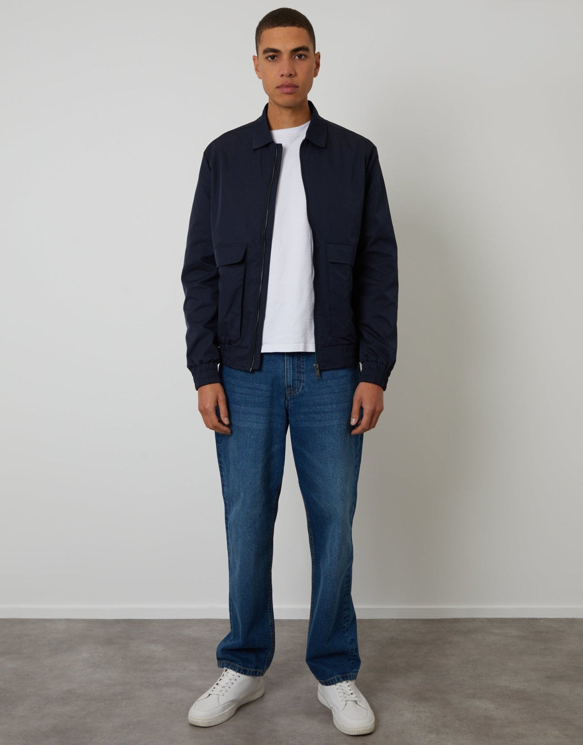 Showerproof Patch Pocket Zip Up Collared Jacket in Navy