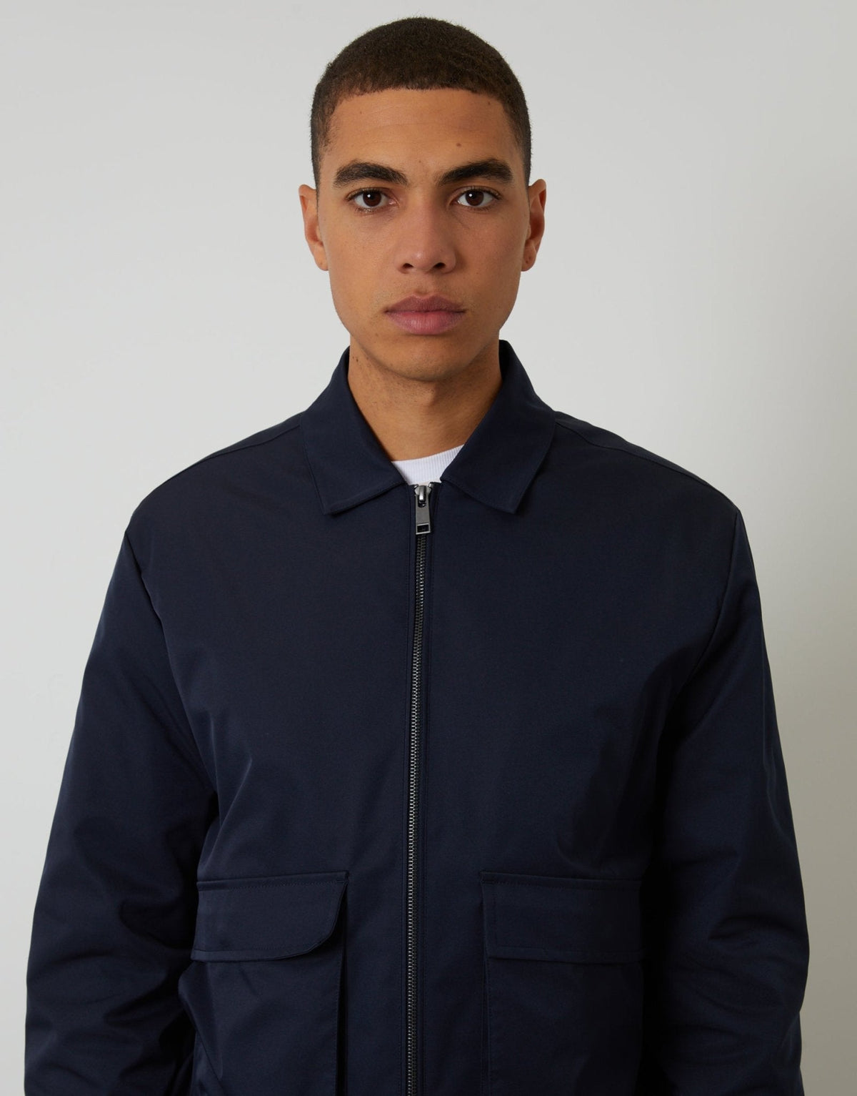 Showerproof Patch Pocket Zip Up Collared Jacket in Navy