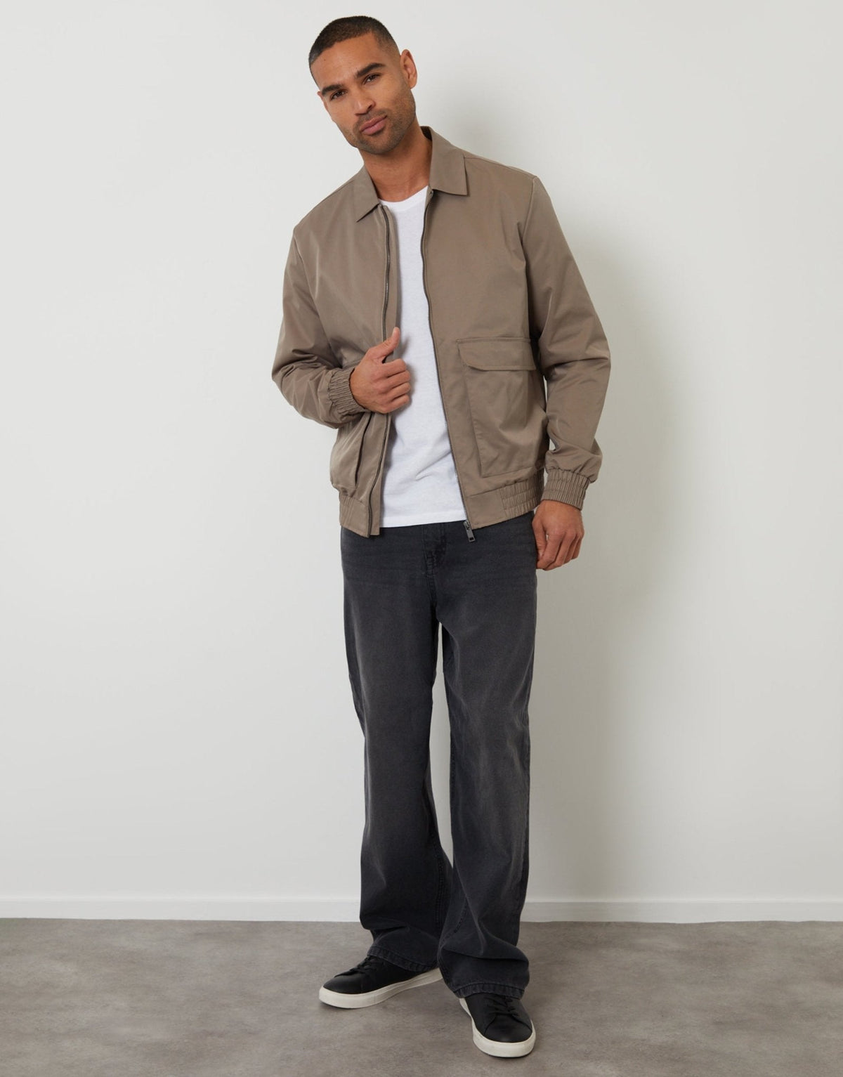 Showerproof Patch Pocket Zip Up Collared Jacket in Taupe