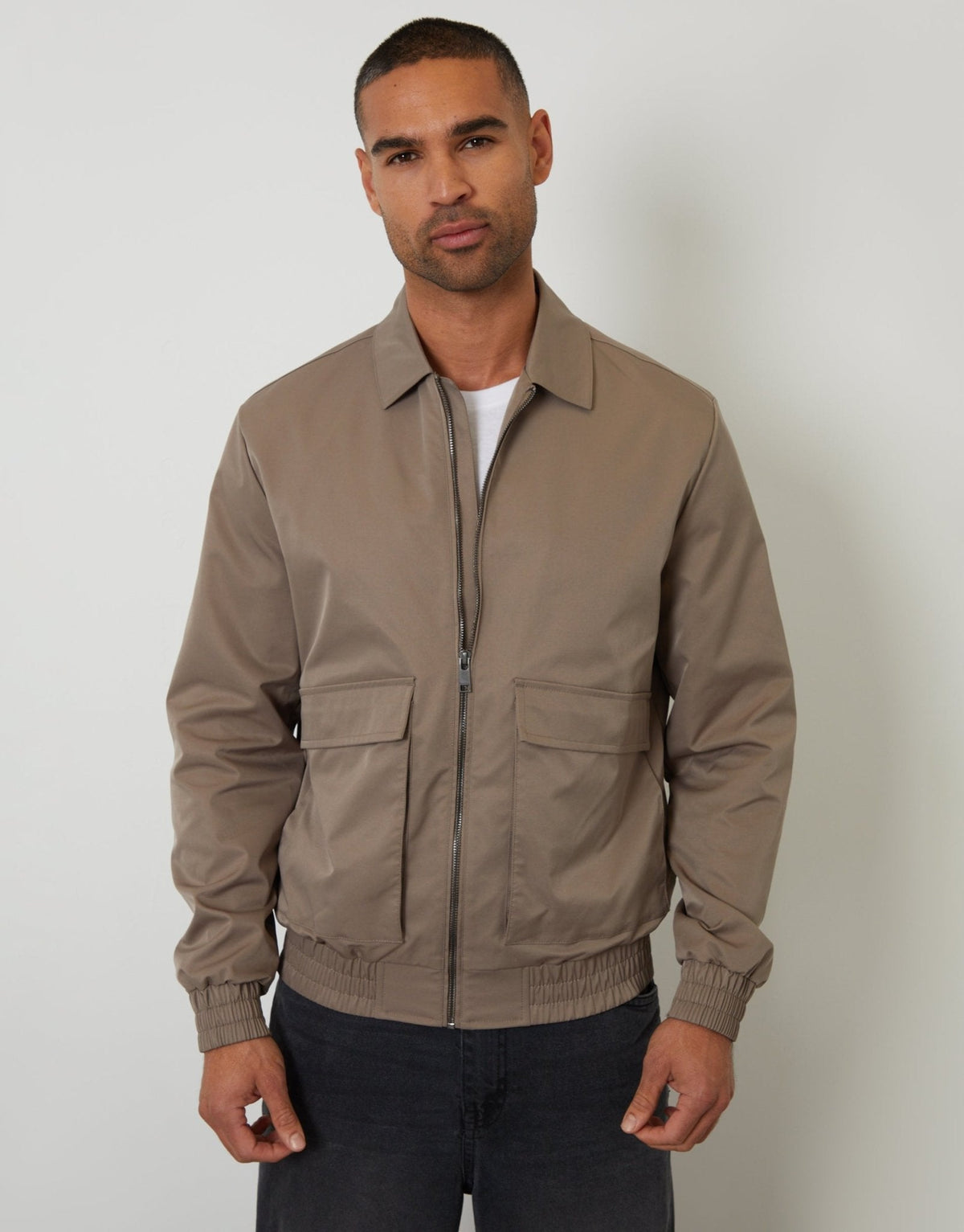 Showerproof Patch Pocket Zip Up Collared Jacket in Taupe