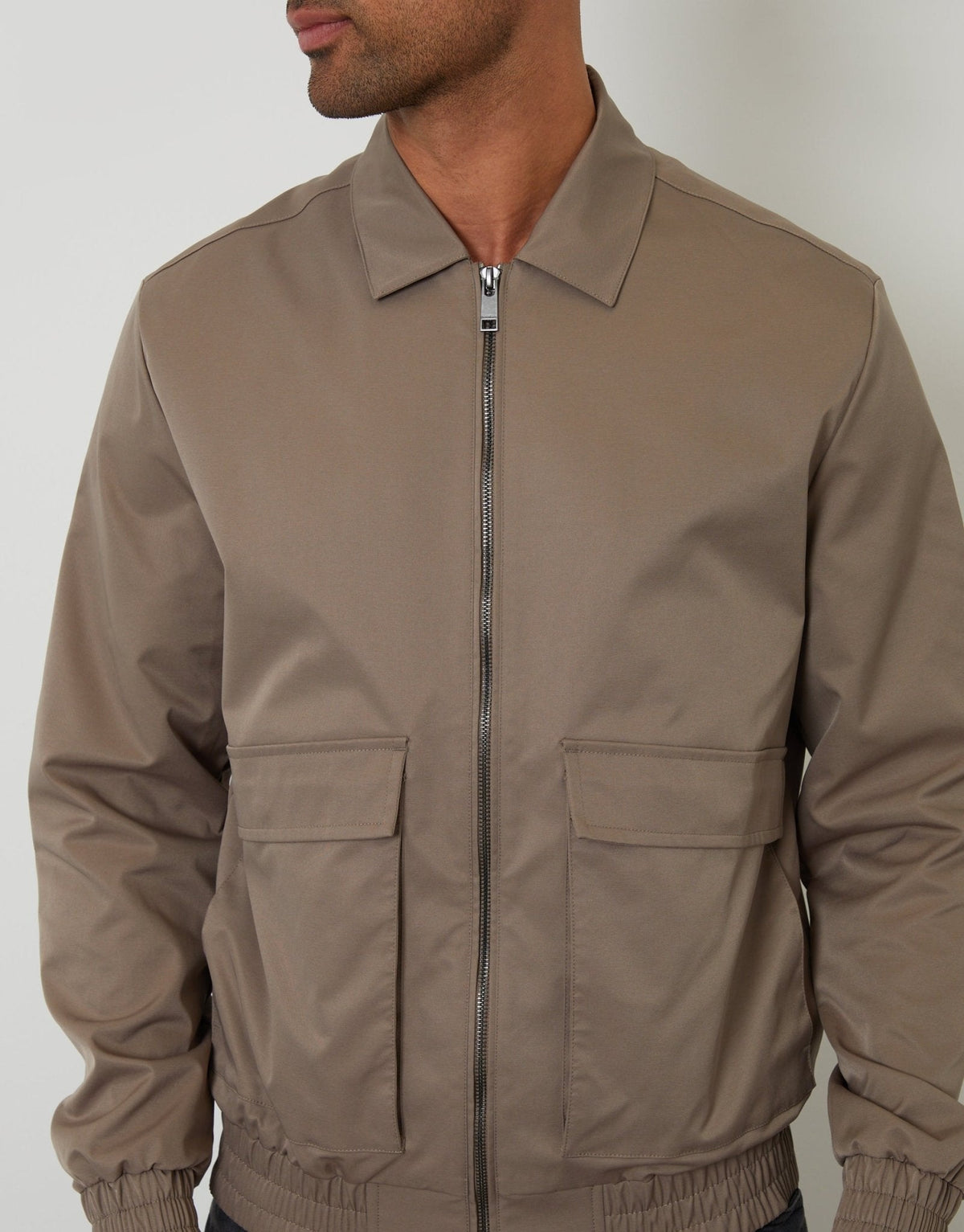 Showerproof Patch Pocket Zip Up Collared Jacket in Taupe