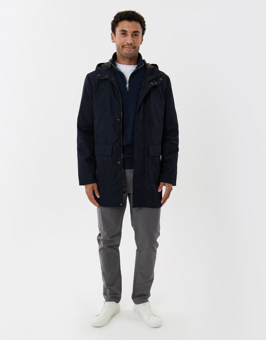 Men's Showerproof Hooded Longline Mac with Patch Pockets in Navy | SATRI